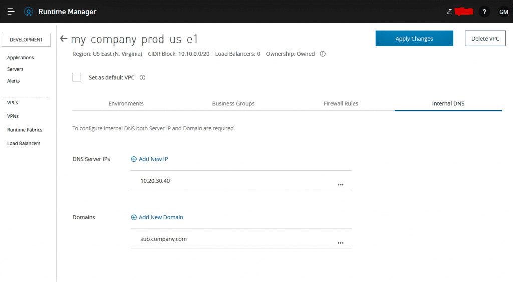 DNS-domain registration in VPC - CloudHub